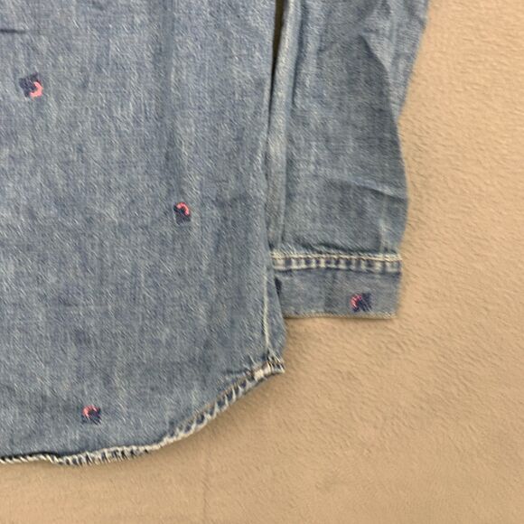 Lucky Brand Boyfriend Shirt Womens XS Denim Classic Chambray Floral Embroidery - Picture 15 of 16